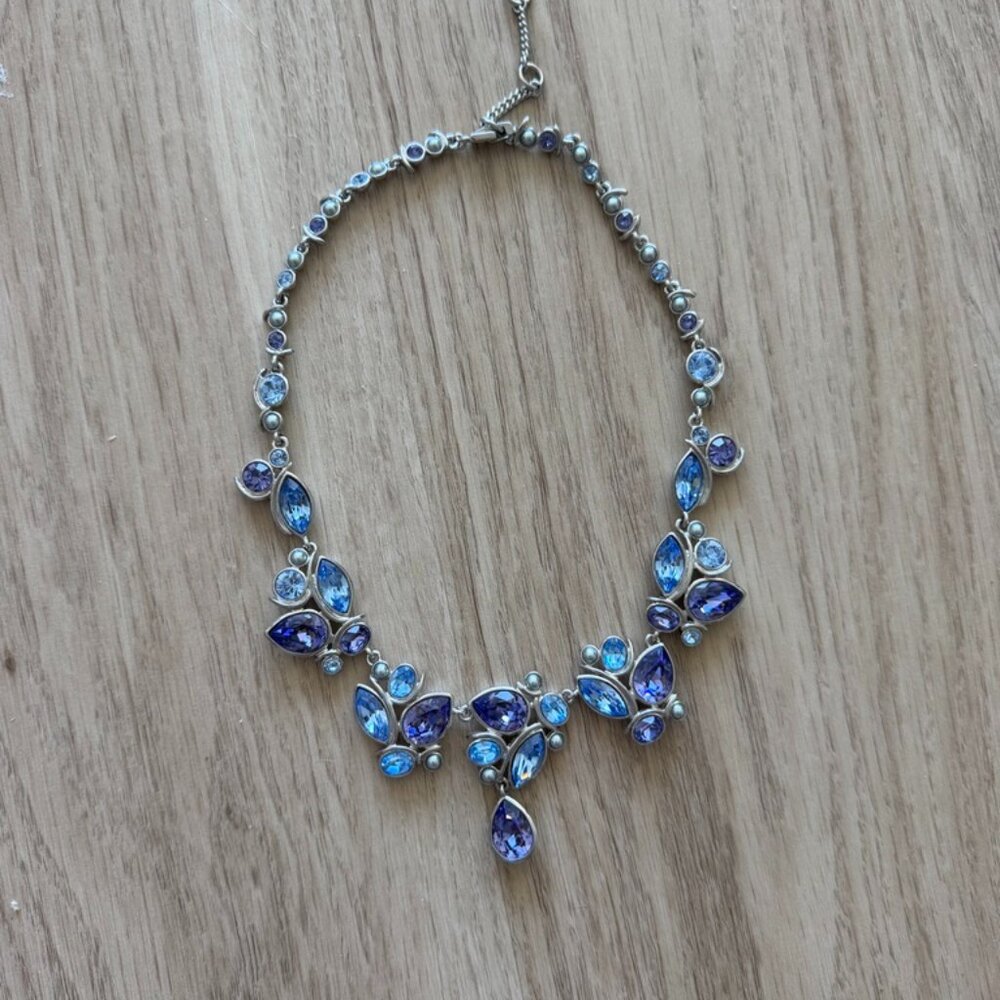 Givenchy Silver Tone Collar Necklace/Blue/ Purple Crystals/ Gray Faux Pearls
